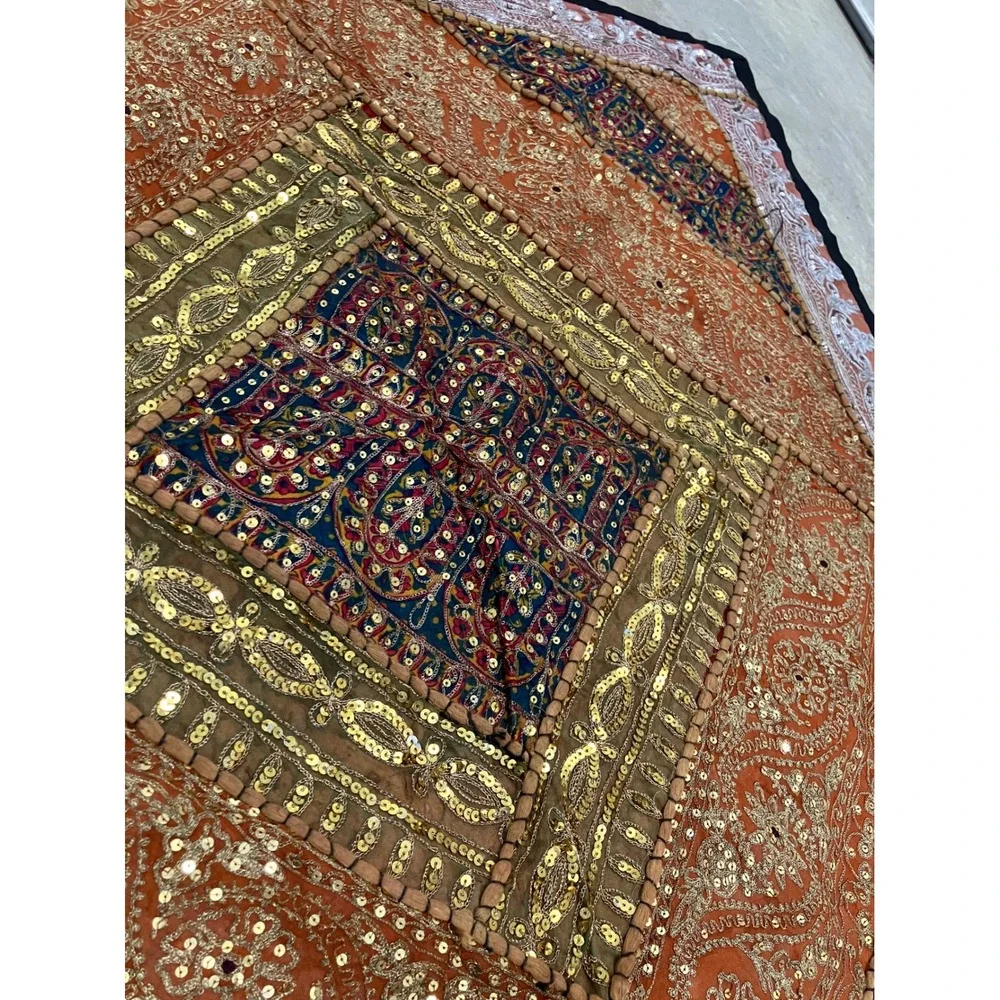 Vintage Indian‎ Patchwork Tapestry Orange Gold Sequin Embroidered Wall Art 40x39